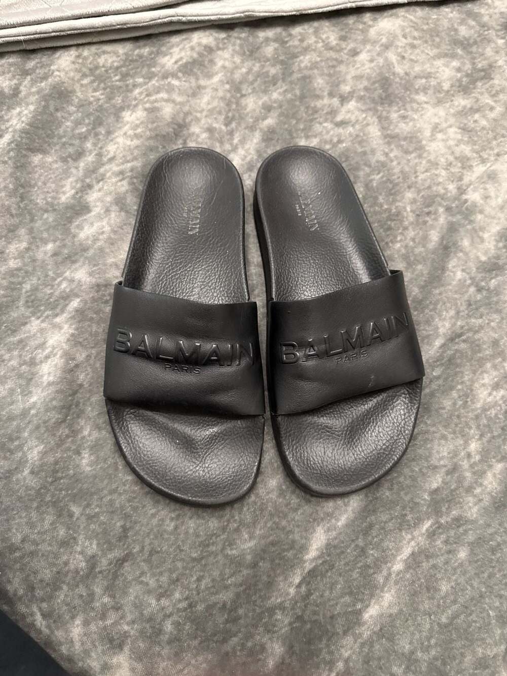 Balmain Calypso Black Debossed Logo Leather Slides